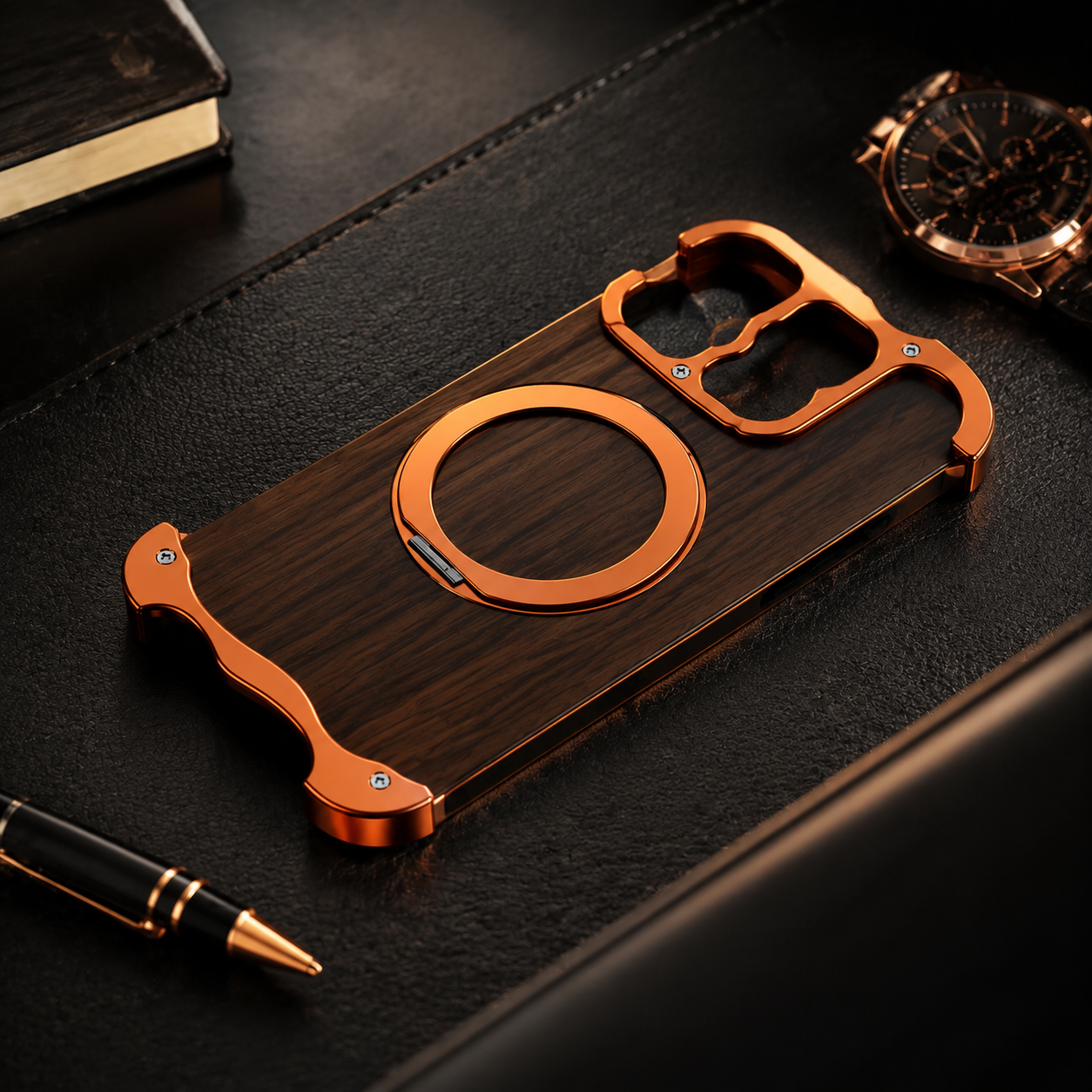 Premium iPhone Case Wood Aluminum Frame MagSafe Compatible Protective Cover 360° Rotating Ring Stand Shockproof Camera Lens Guard