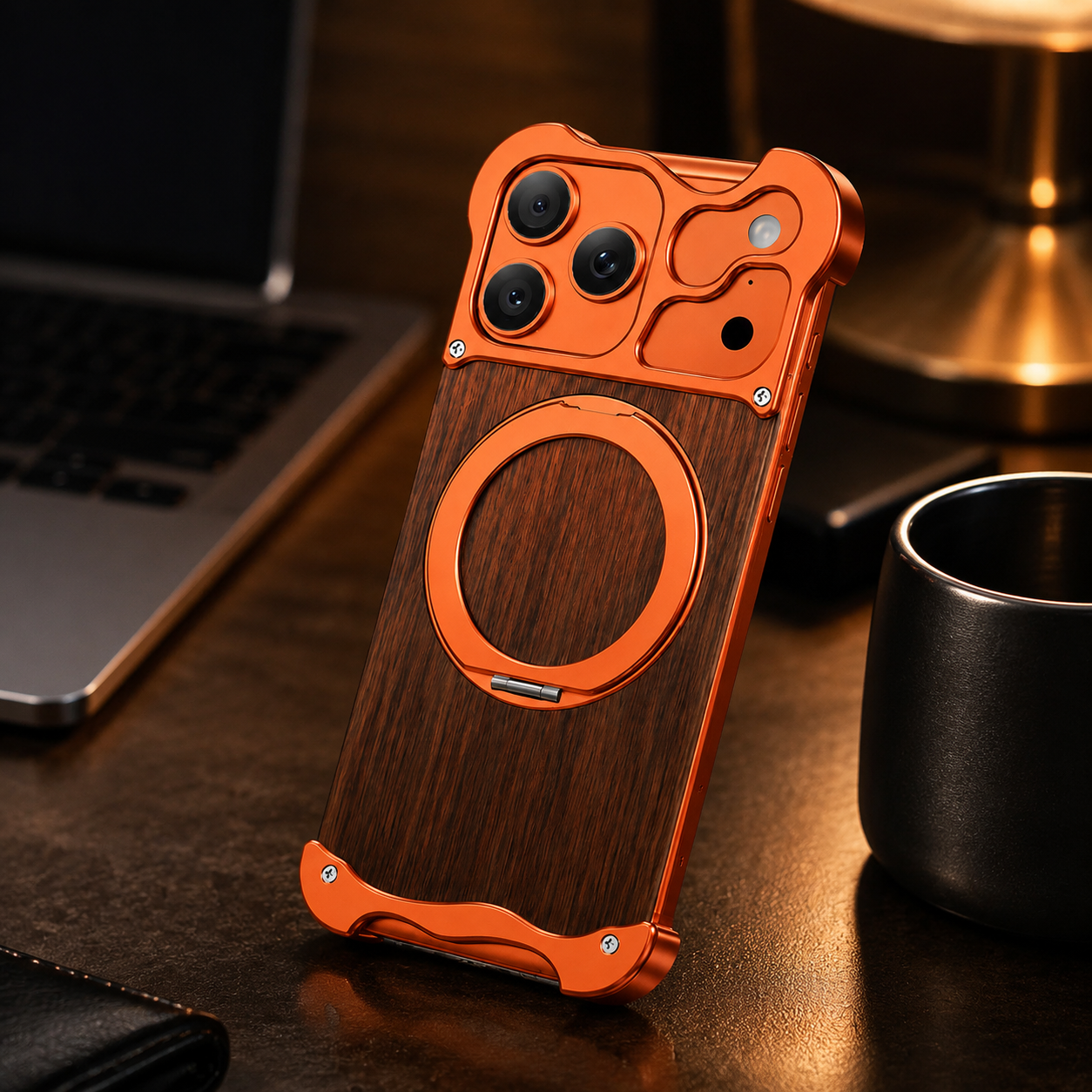 Premium iPhone Case Wood Aluminum Frame MagSafe Compatible Protective Cover 360° Rotating Ring Stand Shockproof Camera Lens Guard