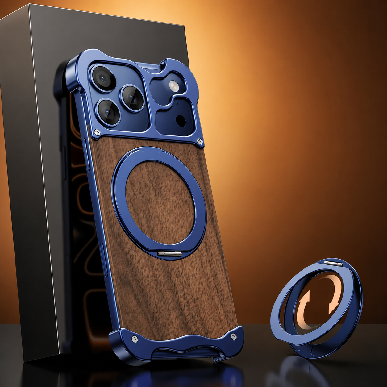 Premium iPhone Case Wood Aluminum Frame MagSafe Compatible Protective Cover 360° Rotating Ring Stand Shockproof Camera Lens Guard