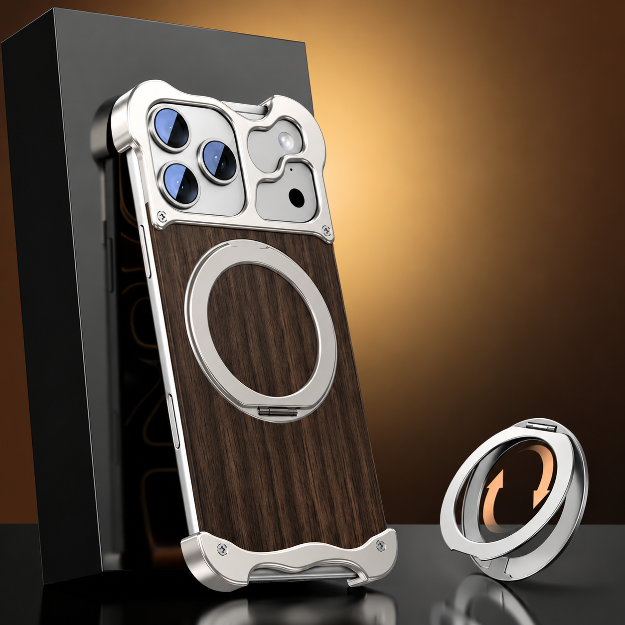 Premium iPhone Case Wood Aluminum Frame MagSafe Compatible Protective Cover 360° Rotating Ring Stand Shockproof Camera Lens Guard
