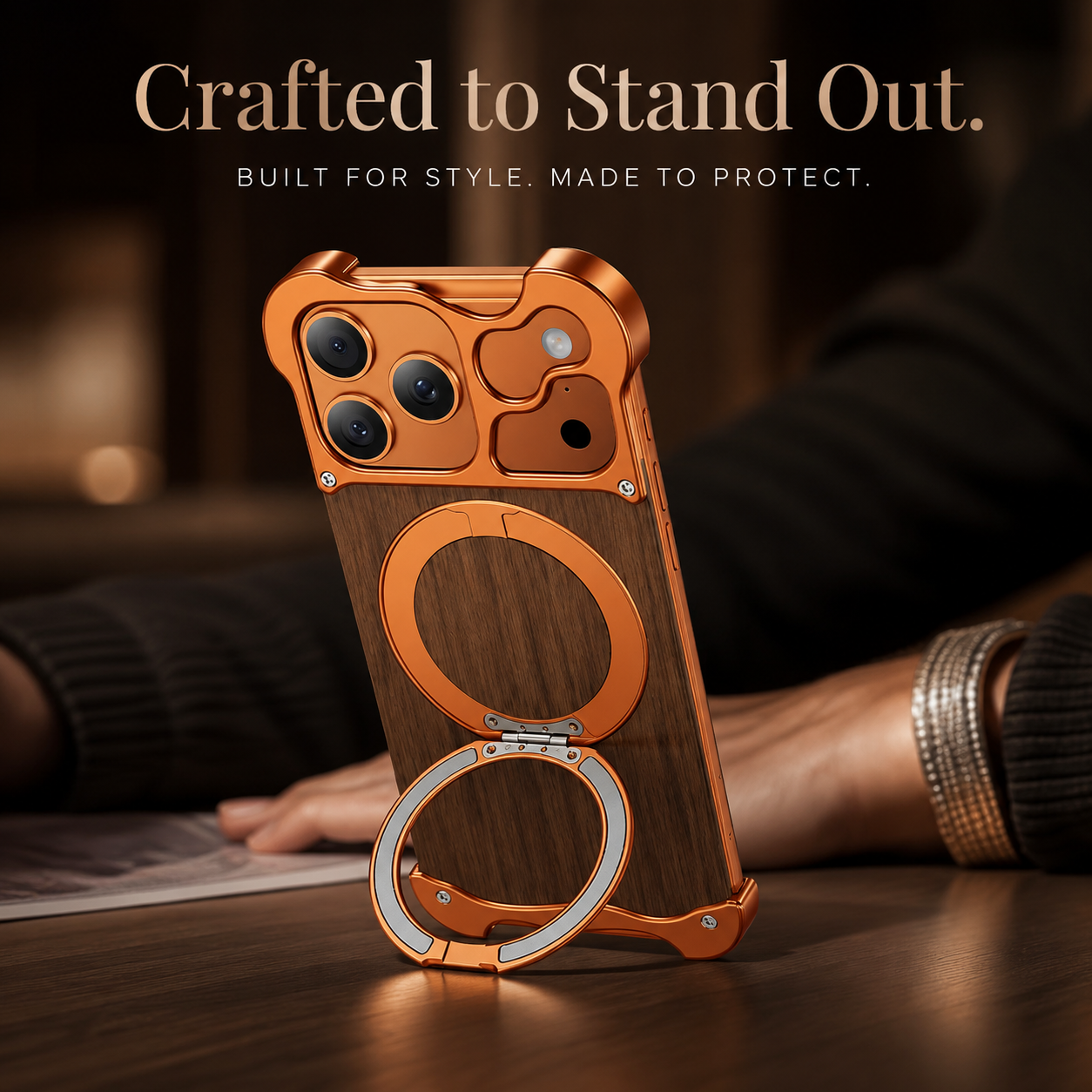 Premium iPhone Case Wood Aluminum Frame MagSafe Compatible Protective Cover 360° Rotating Ring Stand Shockproof Camera Lens Guard