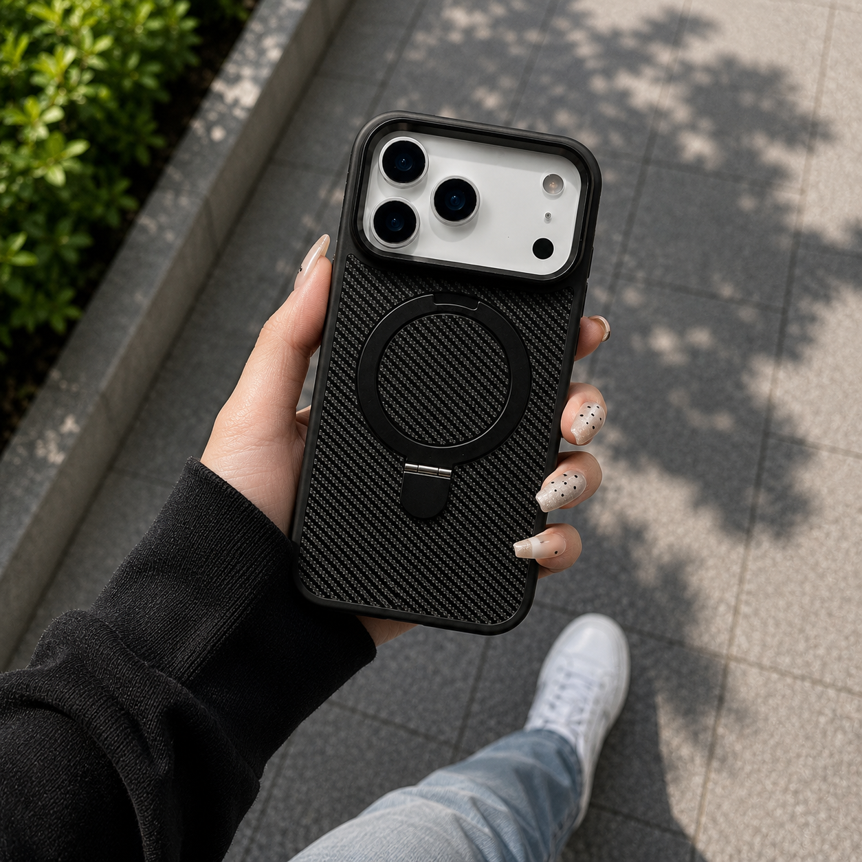 Premium Luxury iPhone Case MagSafe Compatible Carbon Fiber Texture Magnetic Stand Holder Cover Shockproof Half Wrapped PC Protective Durable Design