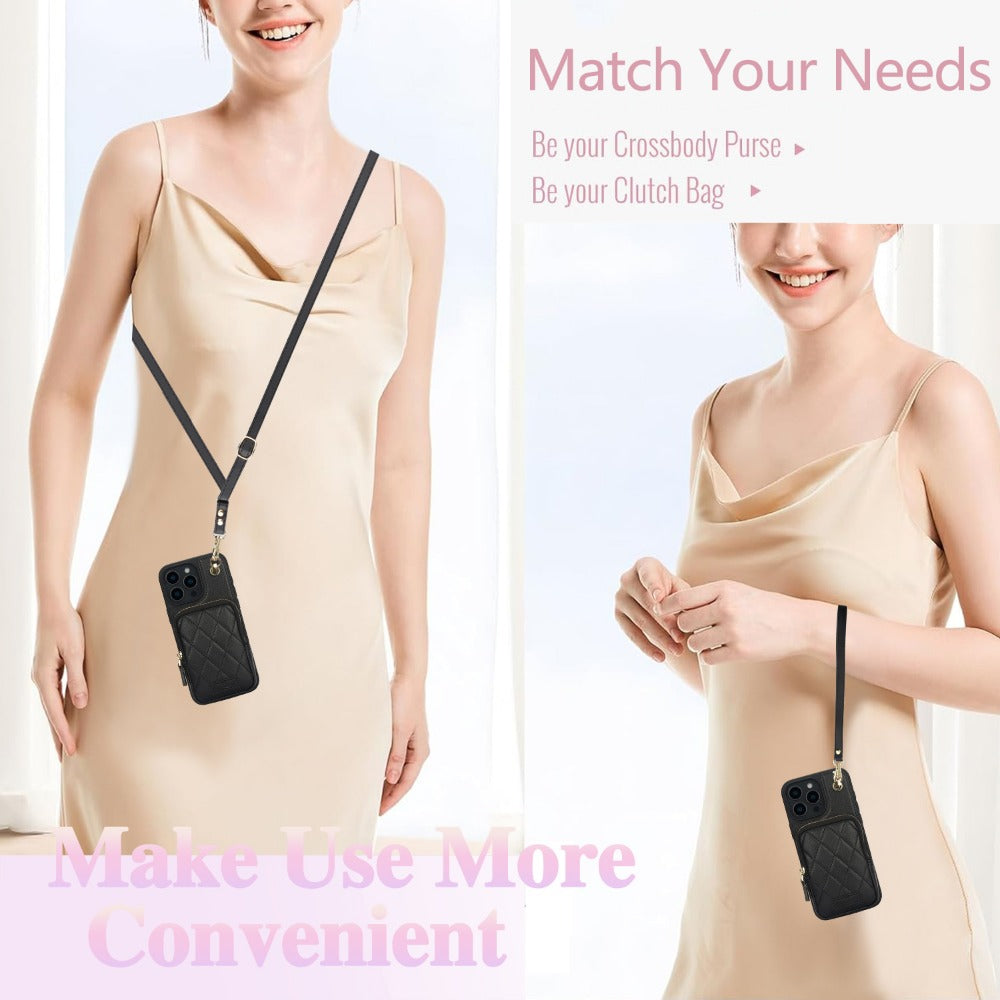 Luxury Crossbody Lanyard iPhone Case – Zipper Wallet Leather Cover with Card Holder, and Full Protection for iPhone Models