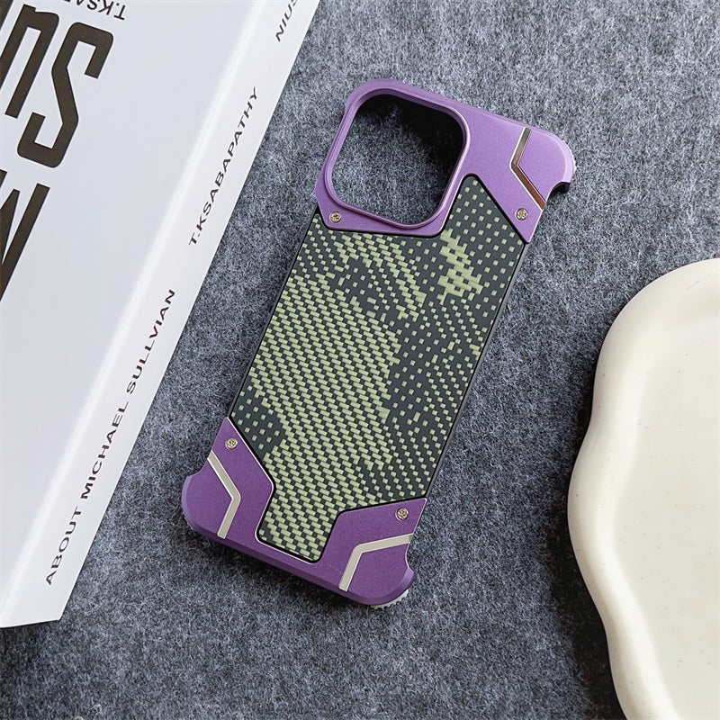 Camouflage Metal Armor Case Frameless Real Carbon Fiber Cover with Built-In Magnet for iPhone Models, Durable and Protection