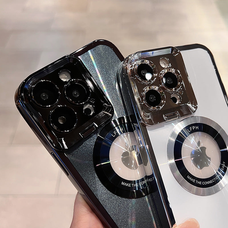 Premium Aurora Magsafe iPhone Case – Magnetic Plating CD Pattern, Shockproof, Stand Bracket, Logo Hole, Durable Protection,