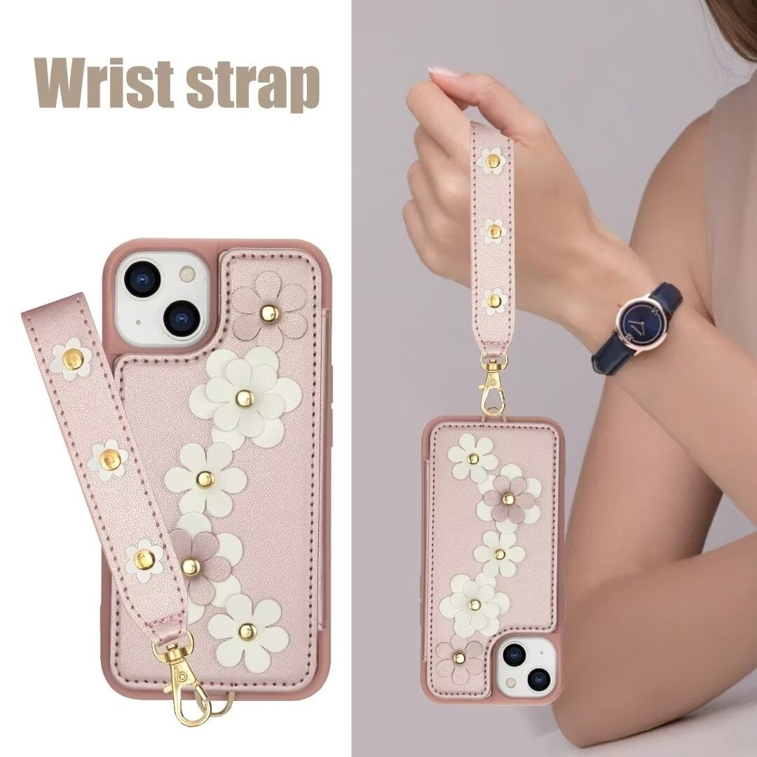 Luxury Crossbody Wallet Leather iPhone Case – 3D Flower Design, Card Slot, Wrist Strap, Magnetic Closure, Protective Cover