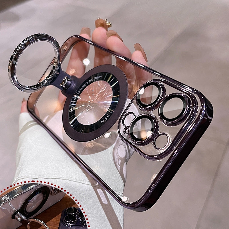Luxury Ring Holder - Transparent Hard Acrylic Cover, Built-in Bracket, Magnetic Wireless Charging Compatible Case for iPhone