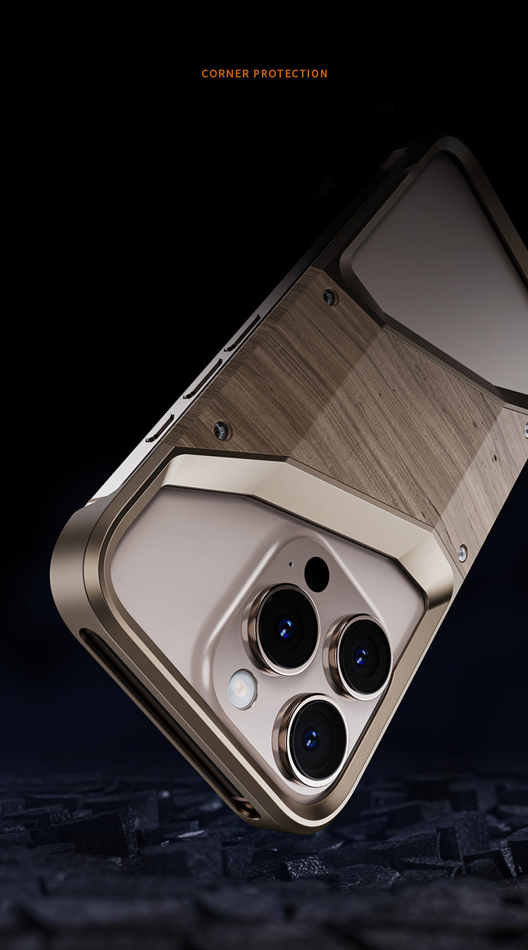 Irregular Metal Frame iPhone Case – Aluminum Alloy and Solid Wood Shockproof Frameless Cover for iPhone Models Design