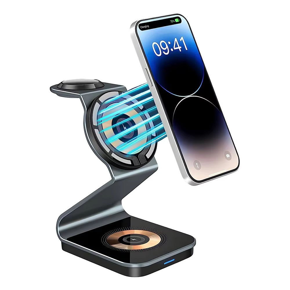 Luxury 3 in 1 Magnetic Wireless Charger Stand – Transparent Fast Charging Dock for iPhone, Apple Watch, AirPods with Aluminum Alloy Design, 15W Output