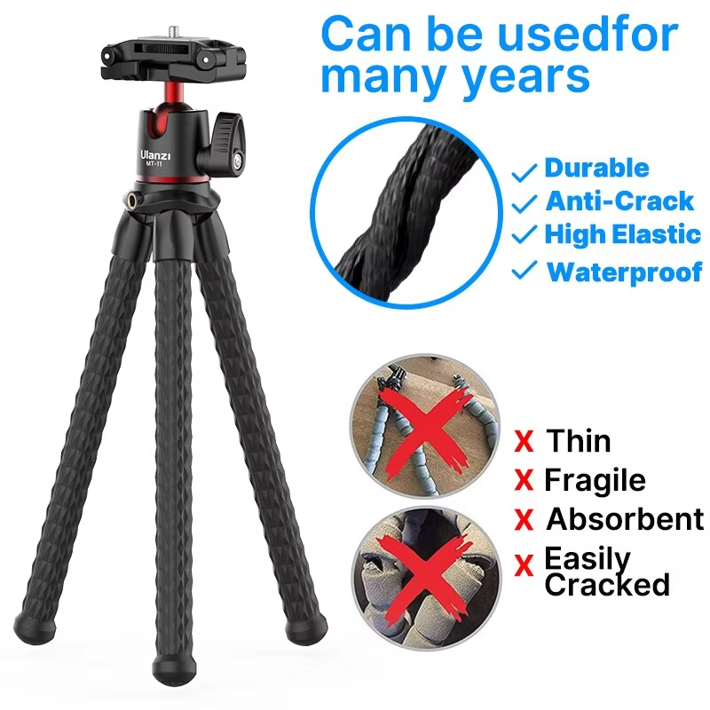 Robust, Flexible Octopus Tripod with Ball Head – Extendable 1/4'' Screw, Cold Shoe, Phone Clip for Camera, and Apple iPhone