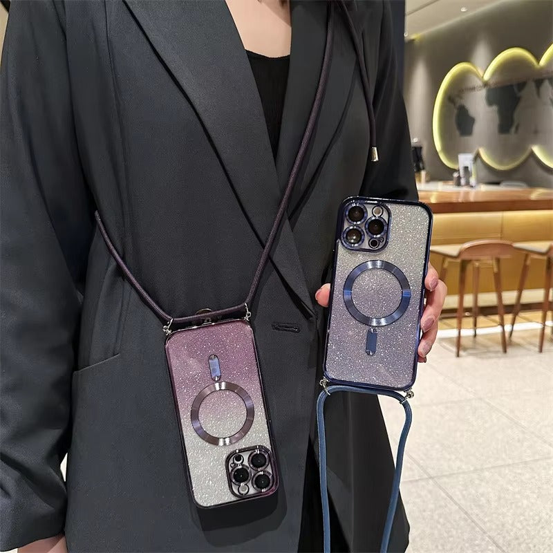 Premium Glitter Crossbody Apple iPhone Case, MagSafe Compatible, Ultra Thin Magnetic Shockproof Full Cover