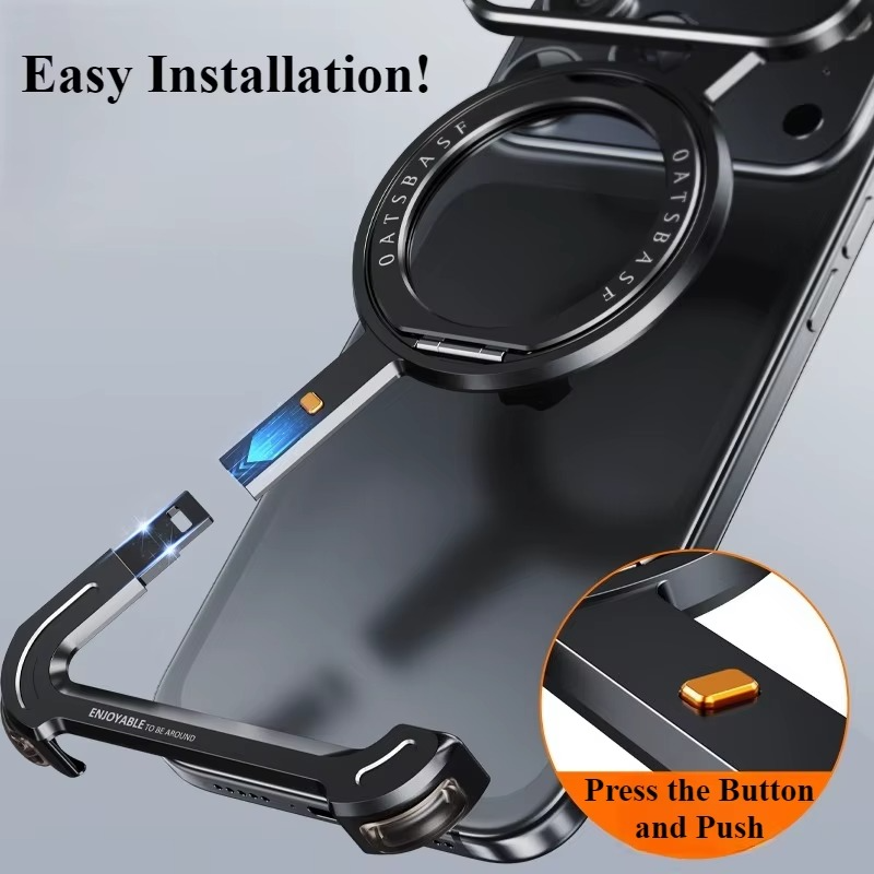 Premium Aluminum Magnetic iPhone Case – MagSafe Compatible Frameless Shockproof Protector with 360° Rotating Stand Ring and Camera Lens Guard