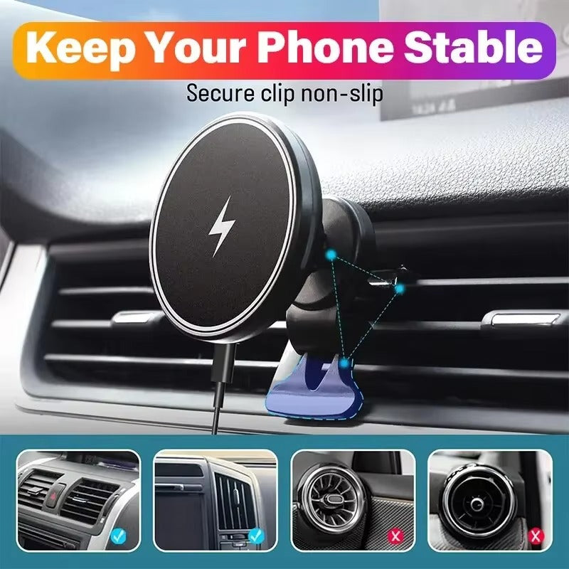 High-Speed 30W Magnetic Wireless Car Charger – Phone Holder Stand with Fast Charging, Dashboard or Vent Mount