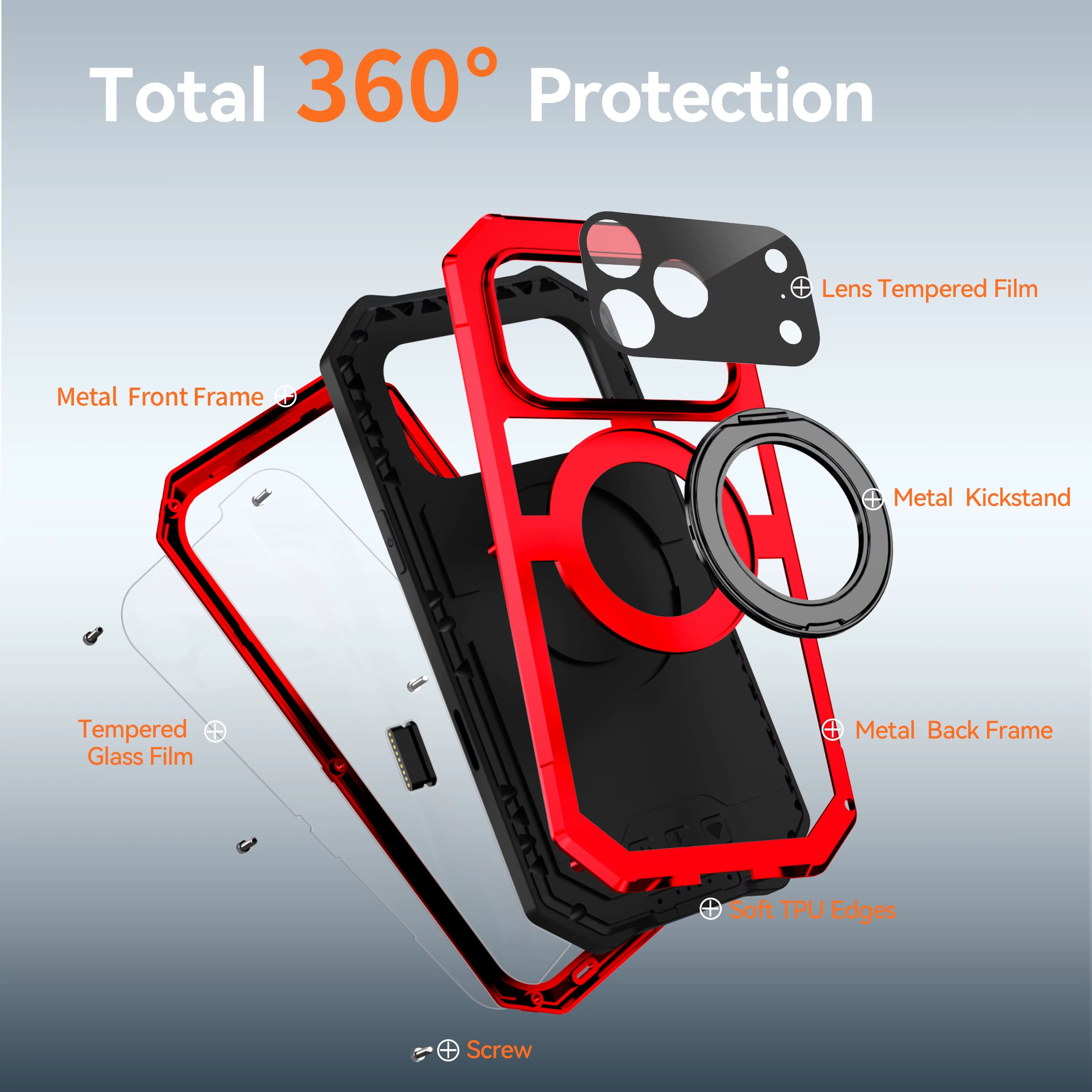 Premium Aluminum Armor iPhone Case – MagSafe Compatible Magnetic Cover with Built-in Kickstand, Glass Screen Protection and Shockproof Bumper