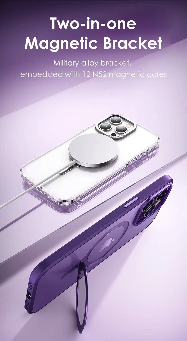 High Quality Apple iPhone Case MagSafe Compatible, Camera Lens & Screen Protection, Cover with Aluminum Stand & Metal Lens