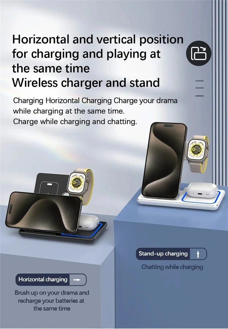 Premium 4 in 1 Wireless Charging Station with LED Light – Foldable Fast Charger Stand for Phones, Apple Watch, AirPods and Qi-Compatible Devices