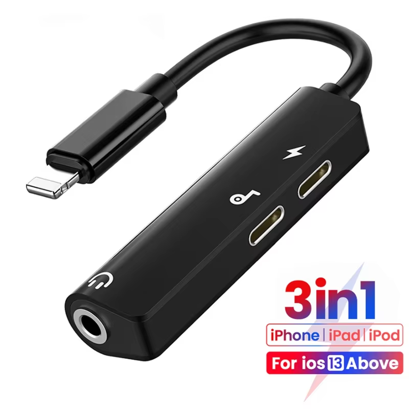 High Quality 3-in-1 Lightning to 3.5mm Audio Adapter for iPhone – AUX Jack, Charger Splitter, HiFi Sound, Fast Charging, Headphone Converter for iOS Devices