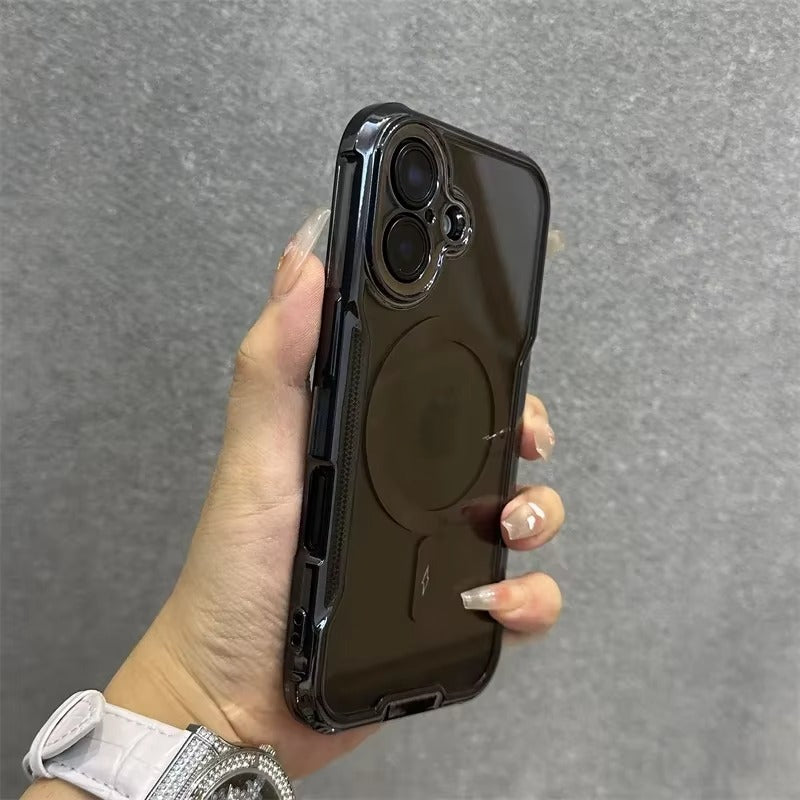 High Quality Apple iPhone Case, MagSafe Compatible, Camera Lens & Screen Protection, Ultra Thin, Shockproof, Magnetic Full All Around Cover – Blade Mecha TPU Transparent Case with Plating Finish & Wrist Strap