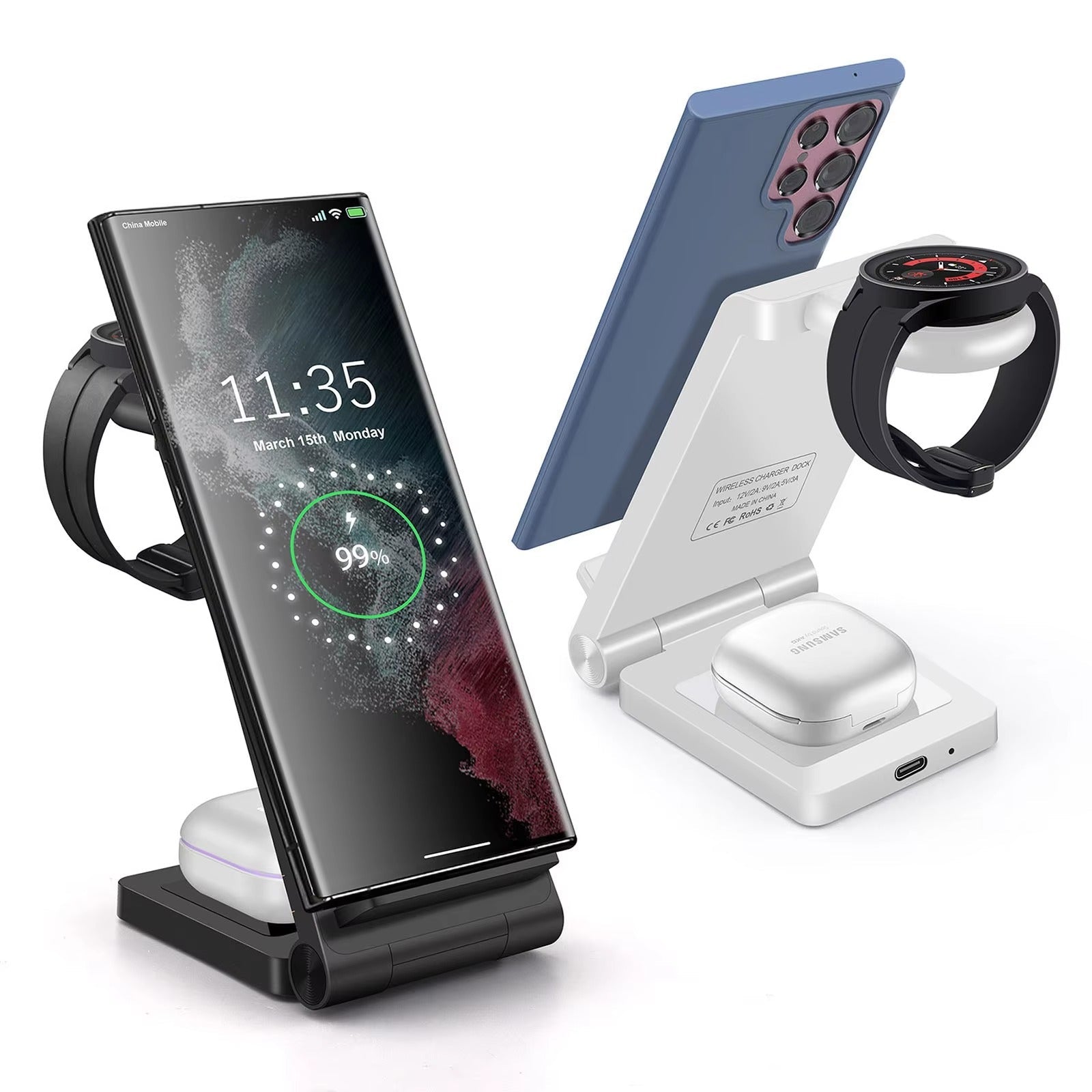 Premium 25W 3 in 1 Wireless Charging Station – Fast Charger Stand for Samsung Phones, Galaxy Watch and Buds with Detachable Holder and Type-C Cable