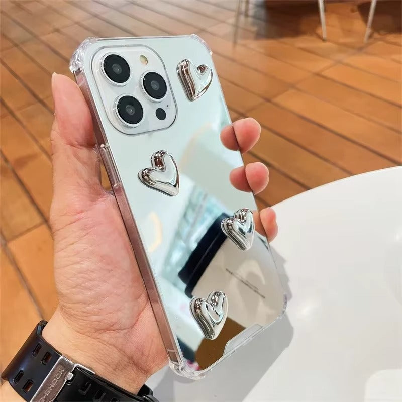 Luxury Apple iPhone Case, MagSafe Compatible, Camera Lens and Screen Protection, Ultra Thin, Shockproof, Magnetic, Full All Around Protection, Silvery Heart Mirror Cover