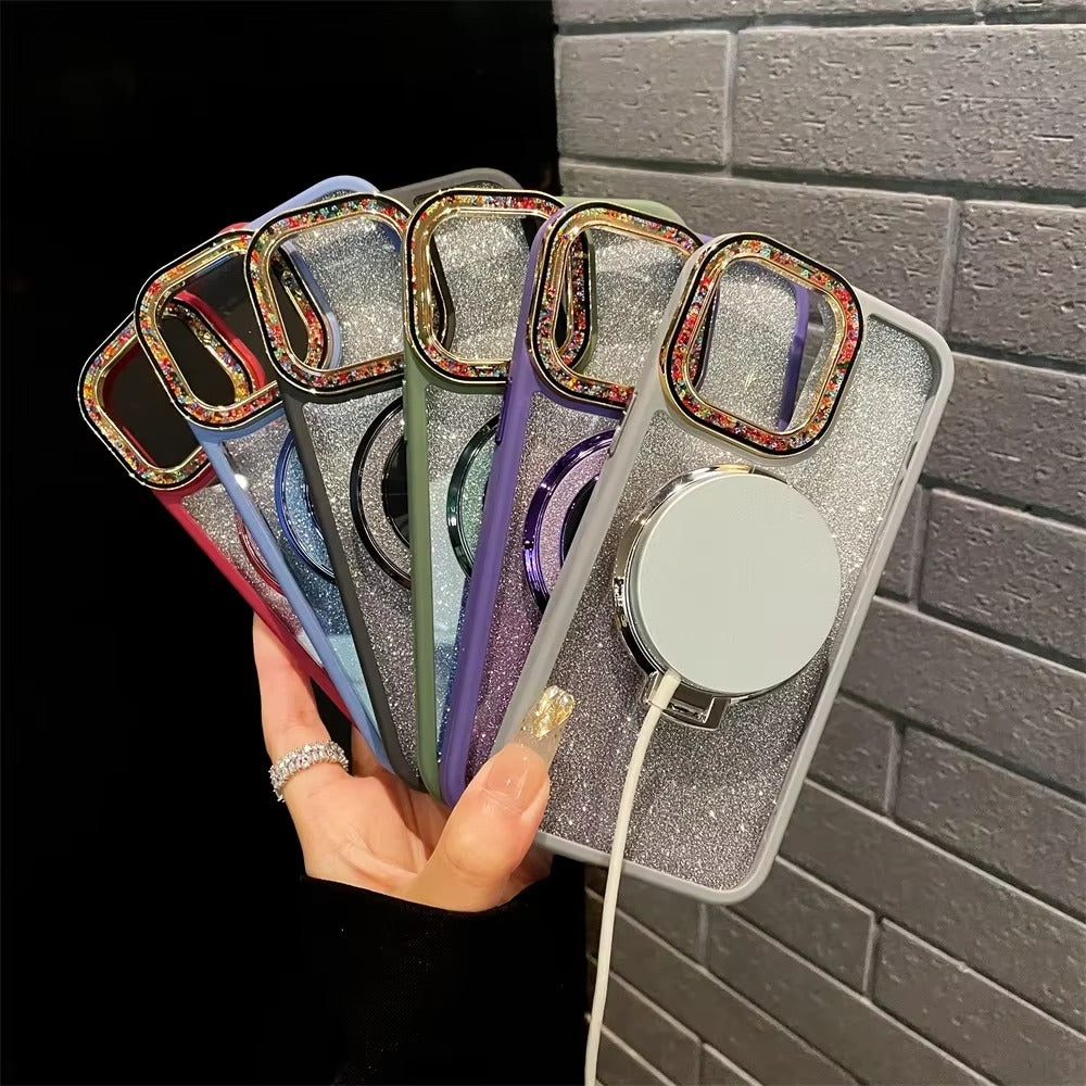 Luxury Apple iPhone Case, MagSafe Compatible, Camera Lens & Screen Protection, Ultra Thin, Shockproof, Magnetic Full All Around Cover – Gradient Glitter Diamond Case with Stand Holder & Wireless Charging Support