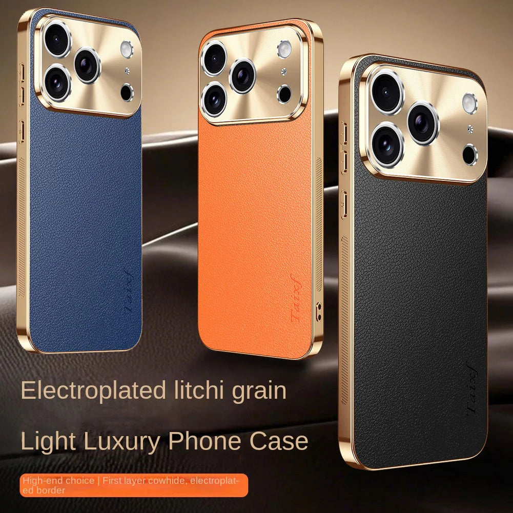 Luxury iPhone Case MagSafe Compatible Protective Cover with Camera Lens Protection Shockproof Full Protection Electroplated Frame Lychee Texture Leather Back