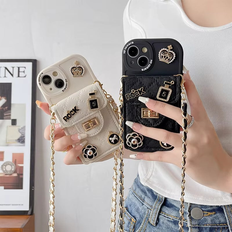 Luxury Apple iPhone Case, MagSafe Compatible, Camera Lens & Screen Protection, Ultra Thin, Shockproof, Magnetic Full All Around Cover – Camellia Flower Pearl Crown Crossbody Wallet Case