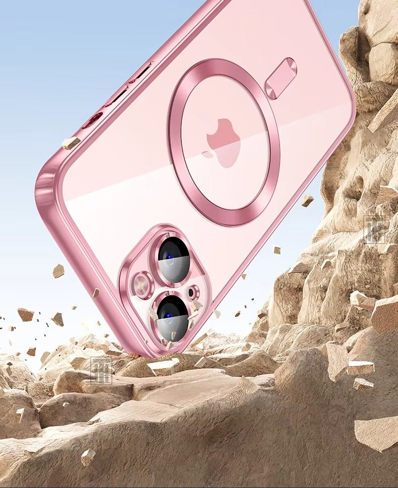Luxury Apple iPhone Case, MagSafe Compatible, Camera Lens & Screen Protection, Ultra Thin, Shockproof, Magnetic Full All Around Cover – Plating Transparent Silicone TPU Case with Magnetic Back & Lens Film Protection