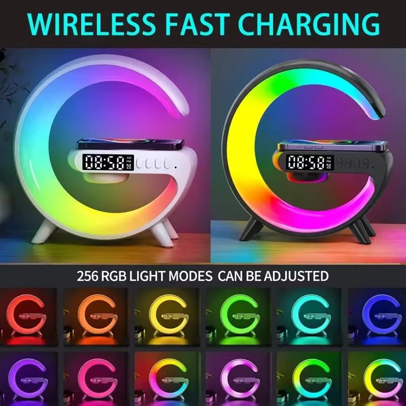 Luxury Wireless Charging Alarm Clock – Bluetooth Speaker with Sunrise Wake-Up Light, RGB Night Lamp, Sleep Aid, 5W Fast Charger for Qi-Enabled Devices