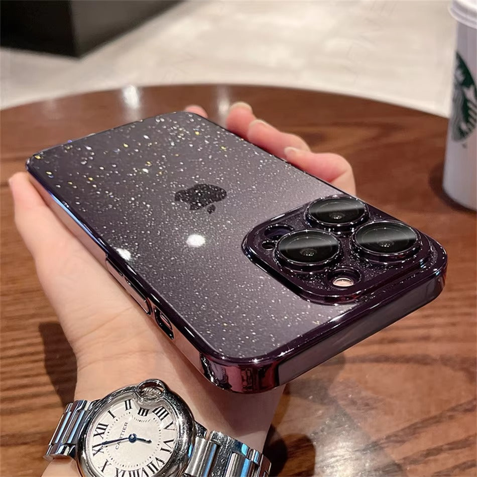 Luxury Apple iPhone Case, MagSafe Compatible, Camera Lens & Screen Protection, Ultra Thin, Shockproof, Magnetic Full All Around Cover – Transparent Glitter Slim Case with Electroplated Gold Bumper & Hard Plastic Back