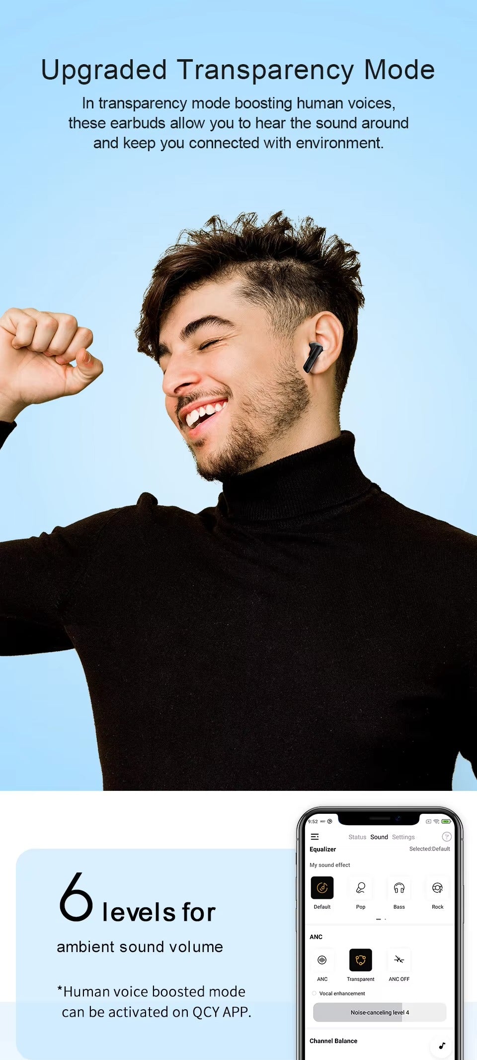 Premium, ANC Wireless Headphones – Bluetooth 5.2 Earphones with 6-Mic ENC, HD Call, Transparency Mode for Apple iPhone