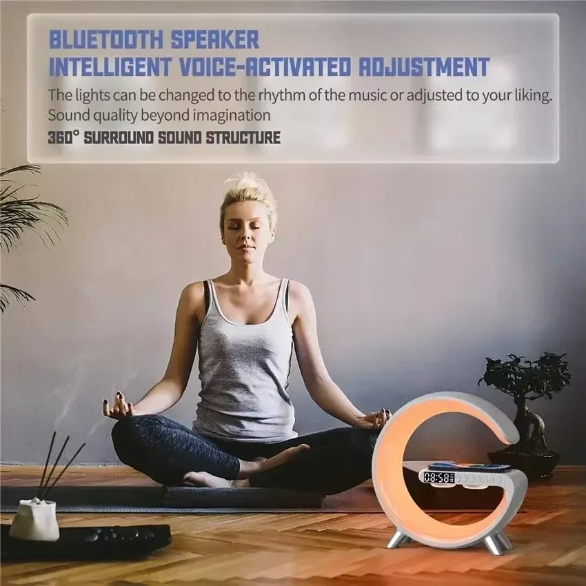 Luxury Wireless Charging Alarm Clock – Bluetooth Speaker with Sunrise Wake-Up Light, RGB Night Lamp, Sleep Aid, 5W Fast Charger for Qi-Enabled Devices