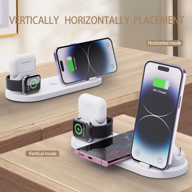 Premium 6 in 1 Wireless Charging Station – Fast Charger Dock for iPhone, Apple Watch, AirPods with Type-C, Lightning & Micro USB Ports, 15W Output