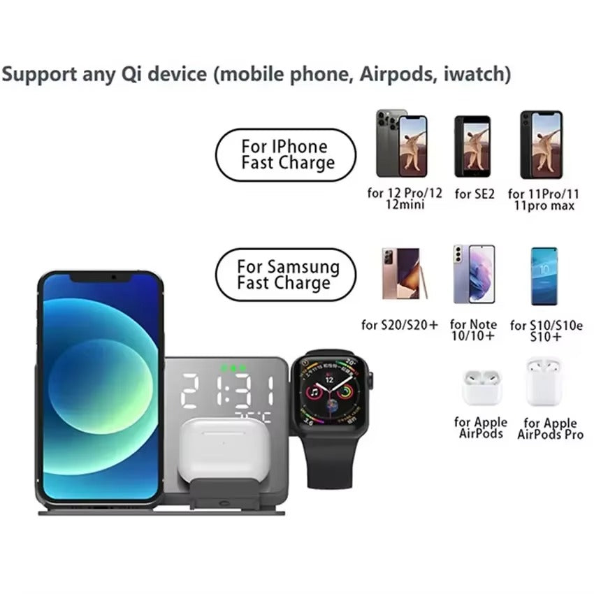 Premium 4 in 1 Wireless Charging Station with Alarm Clock – Fast Charger Stand for iPhone, Apple Watch, AirPods, Samsung Galaxy, Temperature & Date Display