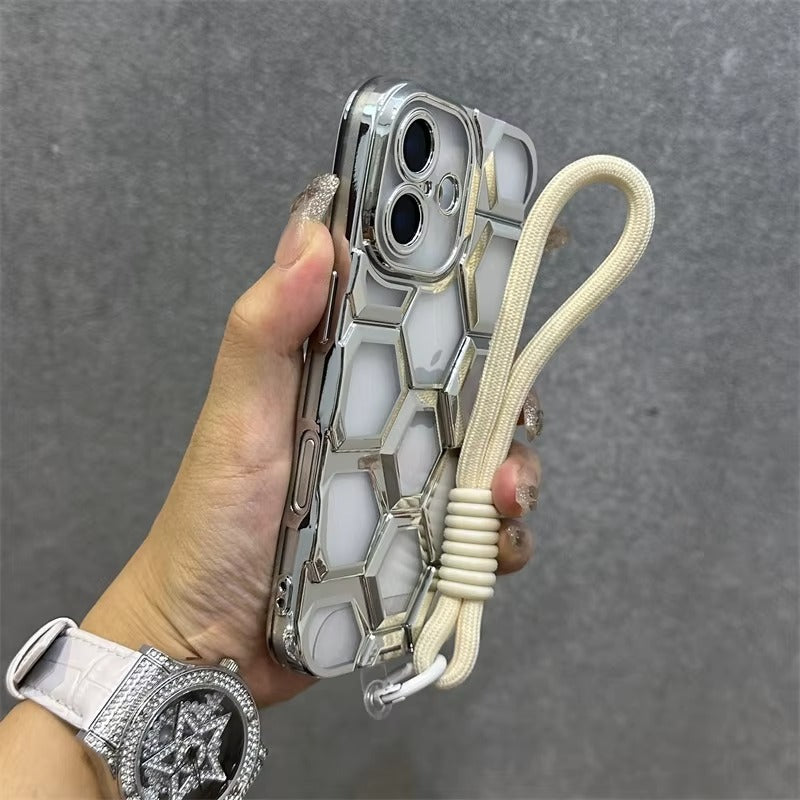 Luxury Apple iPhone Case, MagSafe Compatible, Camera Lens & Screen Protection, Ultra Thin, Shockproof, Magnetic Full All Around Cover – Clear Electroplated TPU Case with Football Design & Wrist Hand Chain