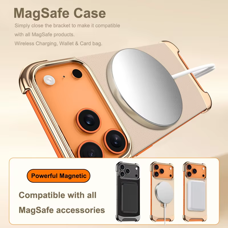 Luxury Leather Frameless iPhone Case – Ultra Thin Magnetic Cover with Metal Bracket Stand, Shockproof Bumper Protection and Camera Lens Guard