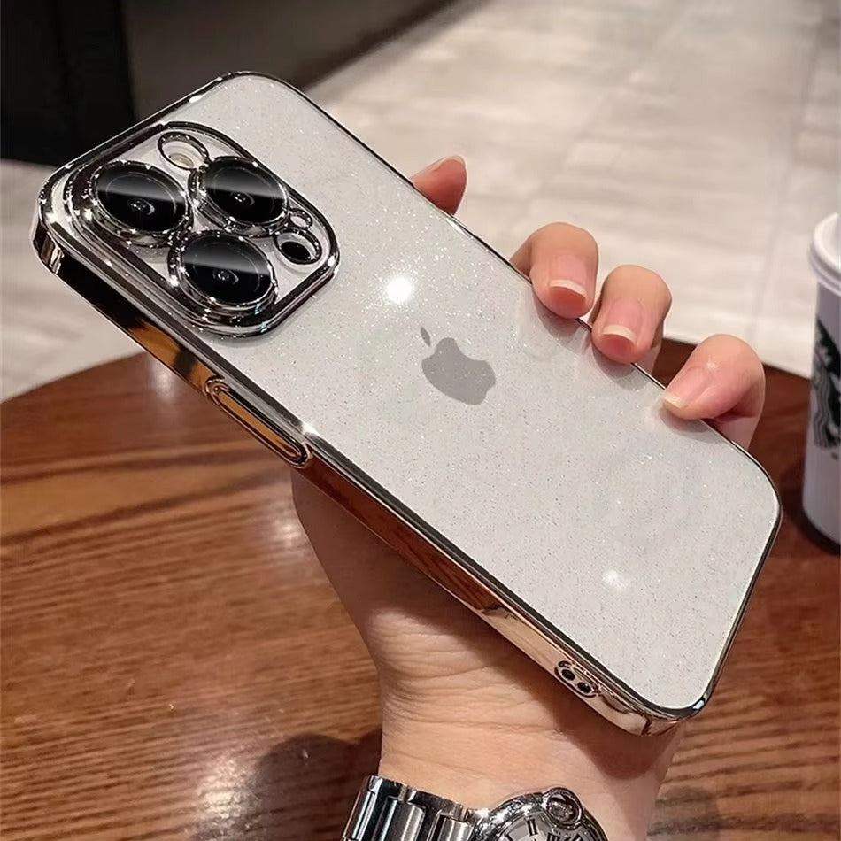 Luxury Apple iPhone Case, MagSafe Compatible, Camera Lens & Screen Protection, Ultra Thin, Shockproof, Magnetic Full All Around Cover – Transparent Glitter Slim Case with Electroplated Gold Bumper & Hard Plastic Back