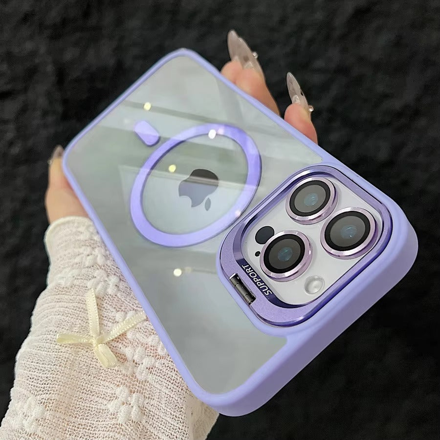 Premium Apple iPhone Case MagSafe Compatible, Camera Lens & Screen Protection, Cover with Transparent Stand & Lens Film