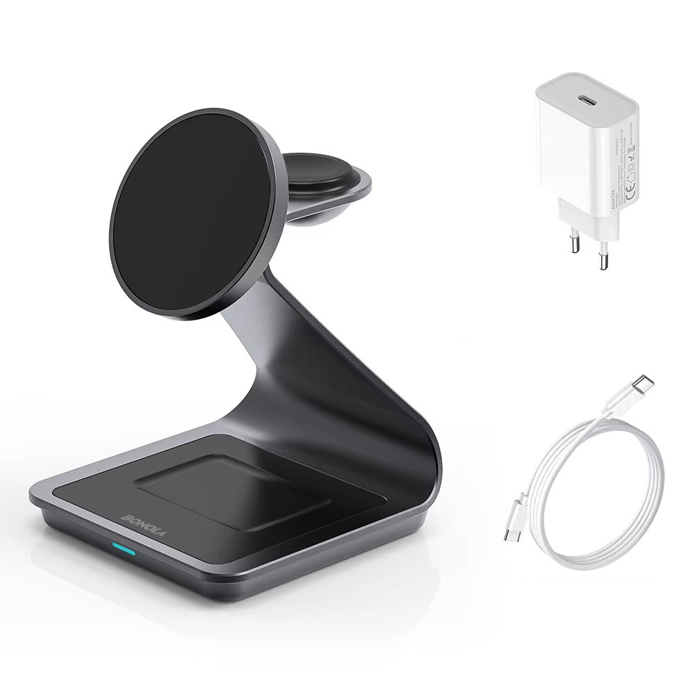 Premium 3 in 1 Magnetic Wireless Charging Stand – 15W Fast Charger Dock with Aluminum Alloy Metal Design for iPhone, Apple Watch and AirPods