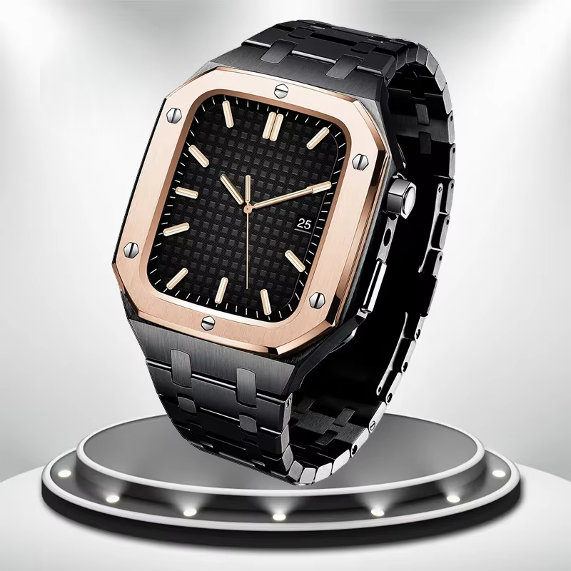 Luxury Metal Mod Kit for Smartwatch – Bezel Frame, Strap, and Case Set for 44mm to 45mm Watches, Premium Custom Accessories