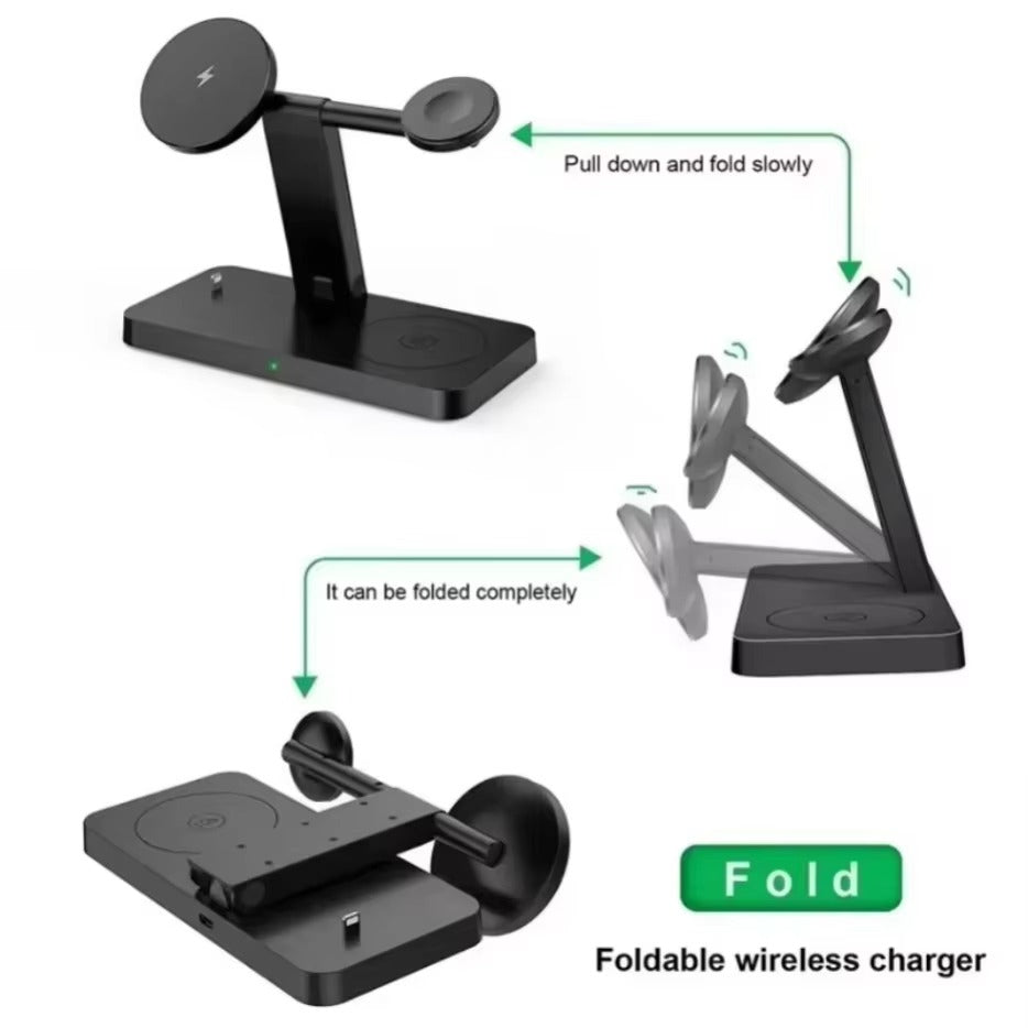 Premium 5 in 1 Magnetic Wireless Charging Station – Foldable Fast Charger Stand for Phones, Smartwatches, Earbuds with 30W Output & LED Night Light