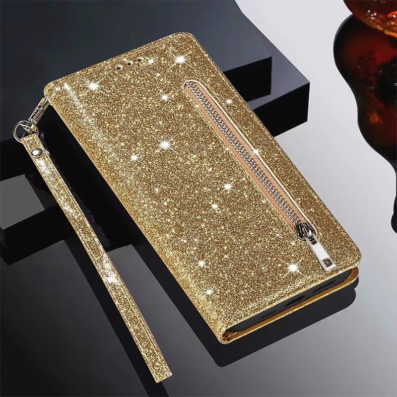 Luxury Apple iPhone Case, MagSafe Compatible, Camera Lens and Screen Protection, Ultra Thin, Shockproof, Magnetic, Full All Around Protection, Glitter Zipper Wallet Cover