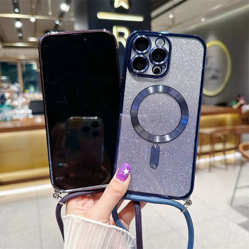 Premium Glitter Crossbody Apple iPhone Case, MagSafe Compatible, Ultra Thin Magnetic Shockproof Full Cover