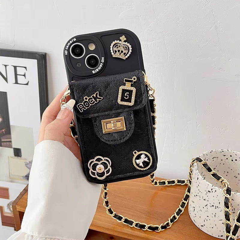 Luxury Apple iPhone Case, MagSafe Compatible, Camera Lens & Screen Protection, Ultra Thin, Shockproof, Magnetic Full All Around Cover – Camellia Flower Pearl Crown Crossbody Wallet Case