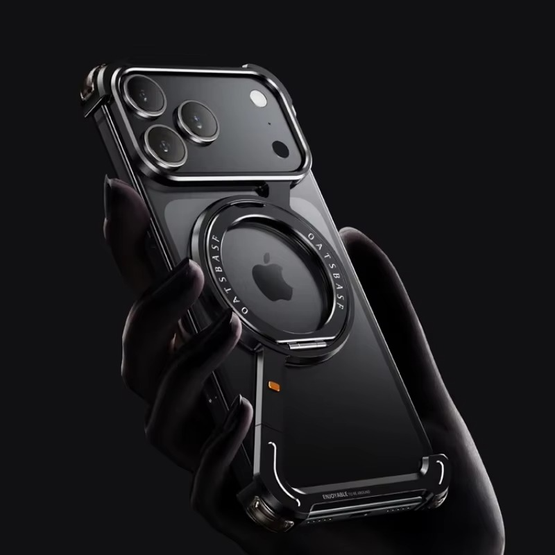 Premium Aluminum Magnetic iPhone Case – MagSafe Compatible Frameless Shockproof Protector with 360° Rotating Stand Ring and Camera Lens Guard