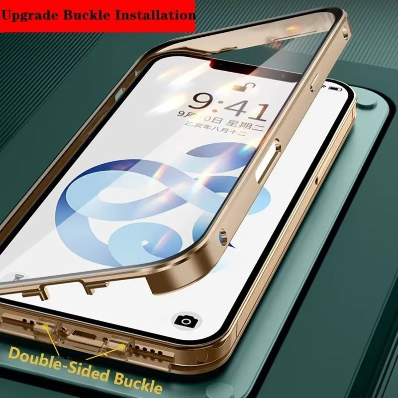Luxury Apple iPhone Case MagSafe Compatible, Camera Lens & Screen Protection, Cover with Double-Sided Glass Bumper Lock