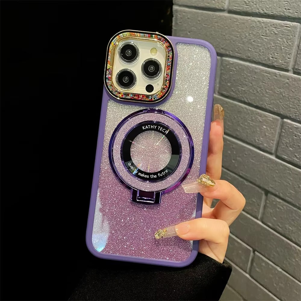 Luxury Apple iPhone Case, MagSafe Compatible, Camera Lens & Screen Protection, Ultra Thin, Shockproof, Magnetic Full All Around Cover – Gradient Glitter Diamond Case with Stand Holder & Wireless Charging Support