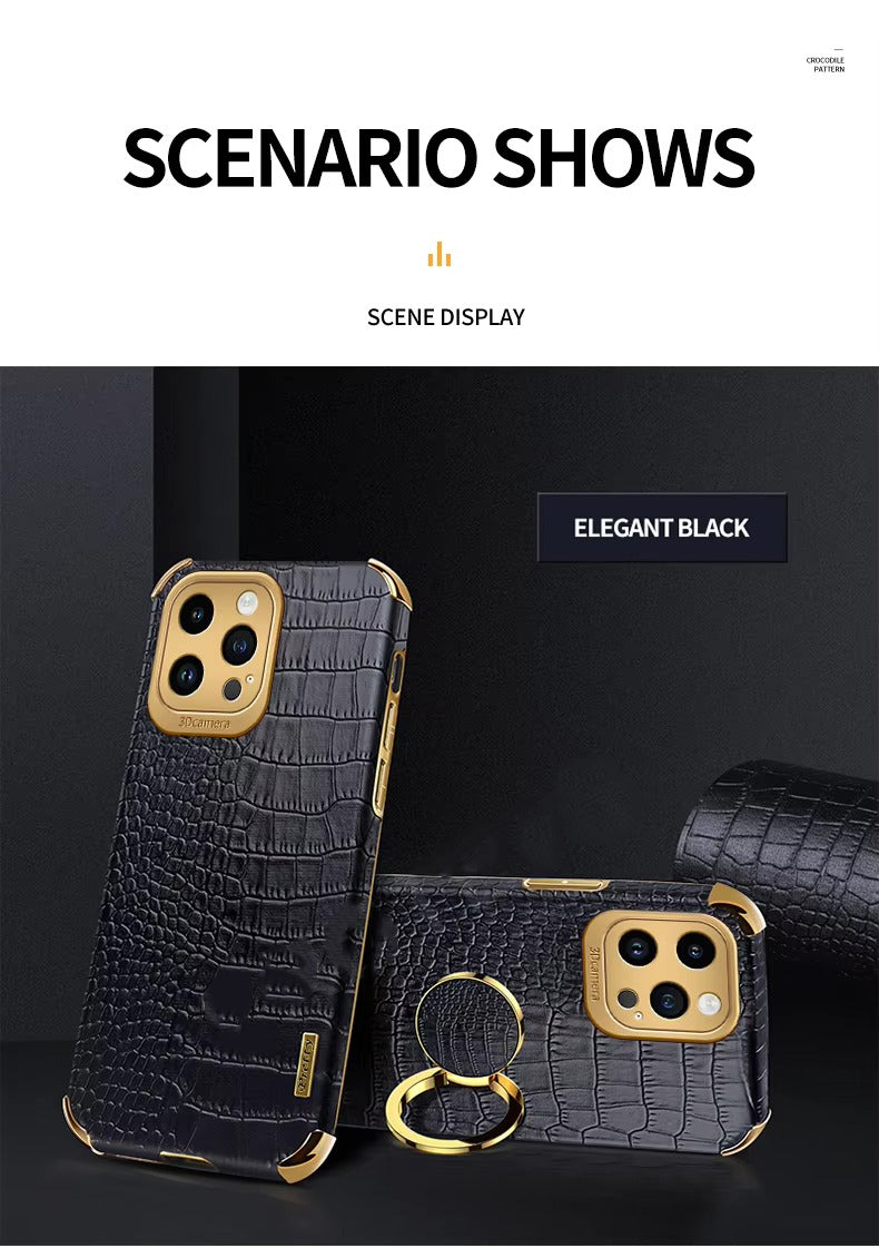 Premium Apple iPhone Case MagSafe Compatible, Camera Lens & Screen Protection, Ultra Thin Shockproof Magnetic Full All Around Protection Cover with Crocodile Leather Ring Holder