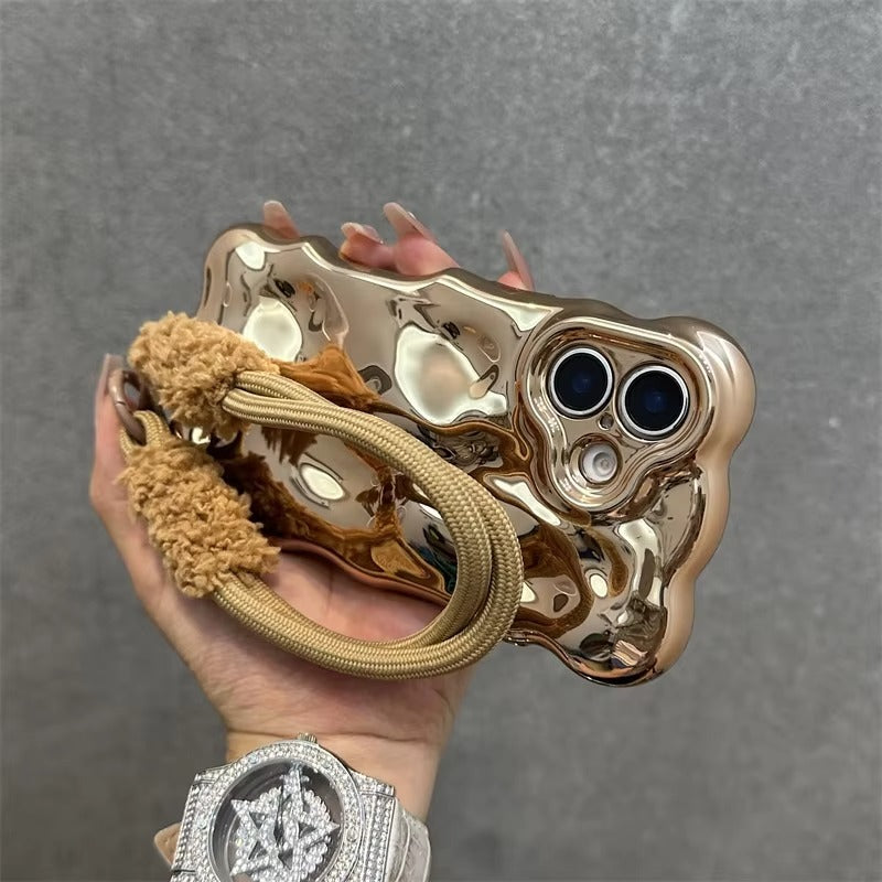 Luxury Apple iPhone Case, MagSafe Compatible, Camera Lens & Screen Protection, Ultra Thin, Shockproof, Magnetic Full All Around Cover – 3D Wave Edge Plating Case with Plush Wristband & Lanyard Strap