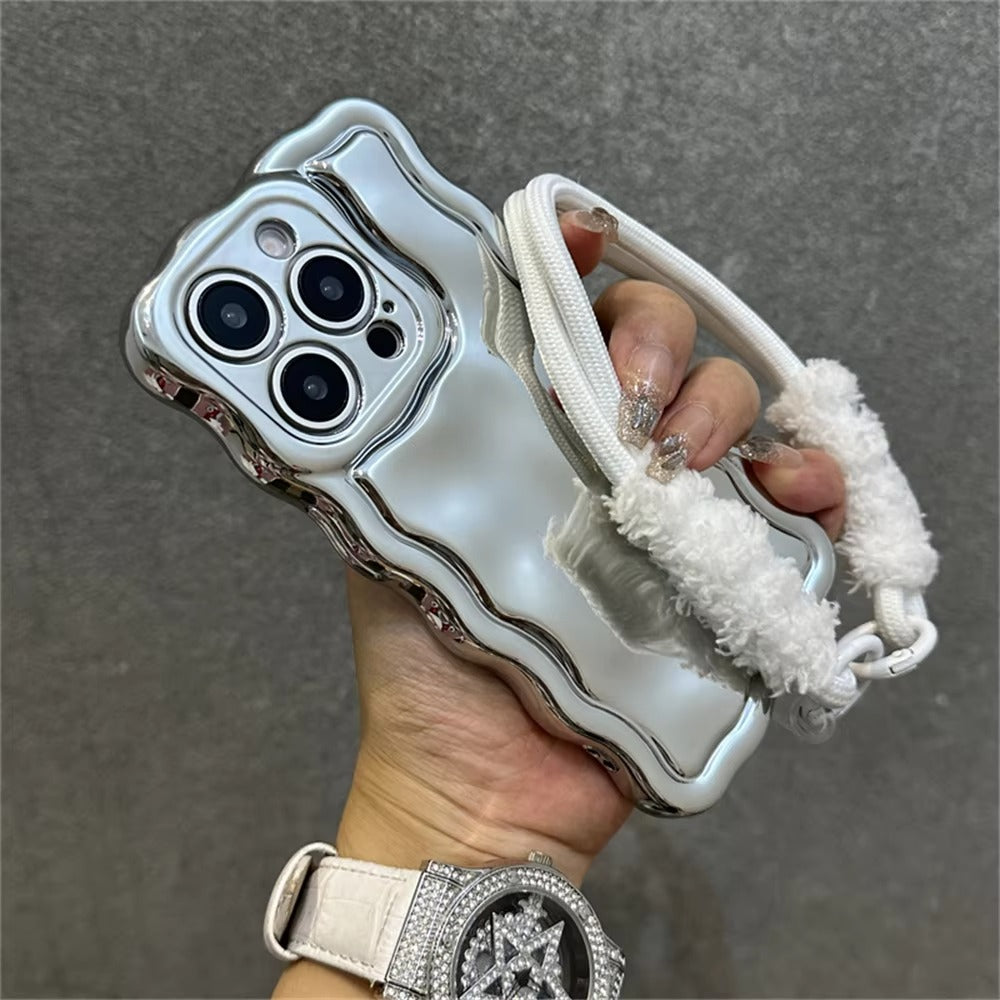 Luxury Apple iPhone Case, MagSafe Compatible, Camera Lens & Screen Protection, Ultra Thin, Shockproof, Magnetic Full All Around Cover – 3D Wave Edge Plating Case with Plush Wristband & Lanyard Strap